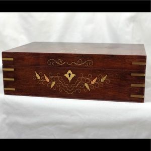 Vintage large wood jewelry box with brass inlay